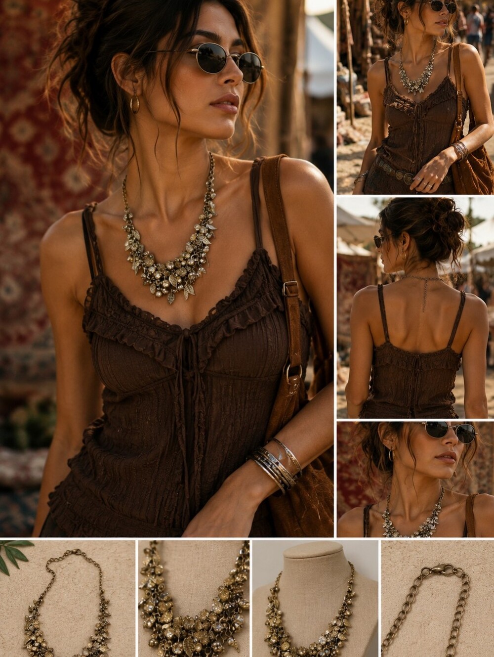 Statement Fashion Silver Tone Leaf And Rhinestone Necklace Festival Boho